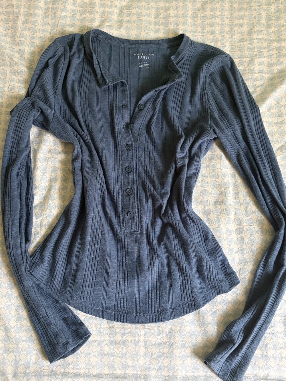 American Eagle Outfitters Women's Ribbed Henley Long Sleeve Top - Slate Blue